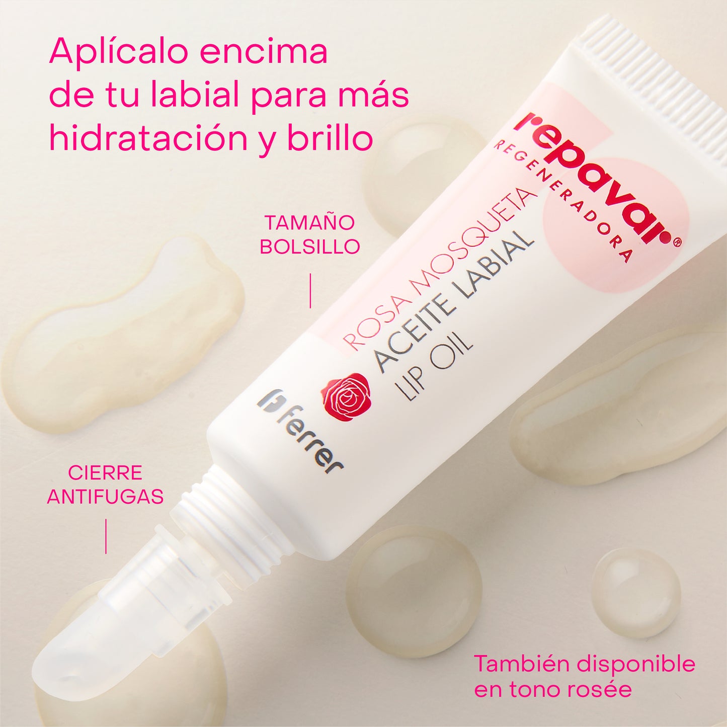 Regeneradora Lip Oil Aceite Labial con Rosa Mosqueta tono natural - Nutre y Regenera, efecto gloss