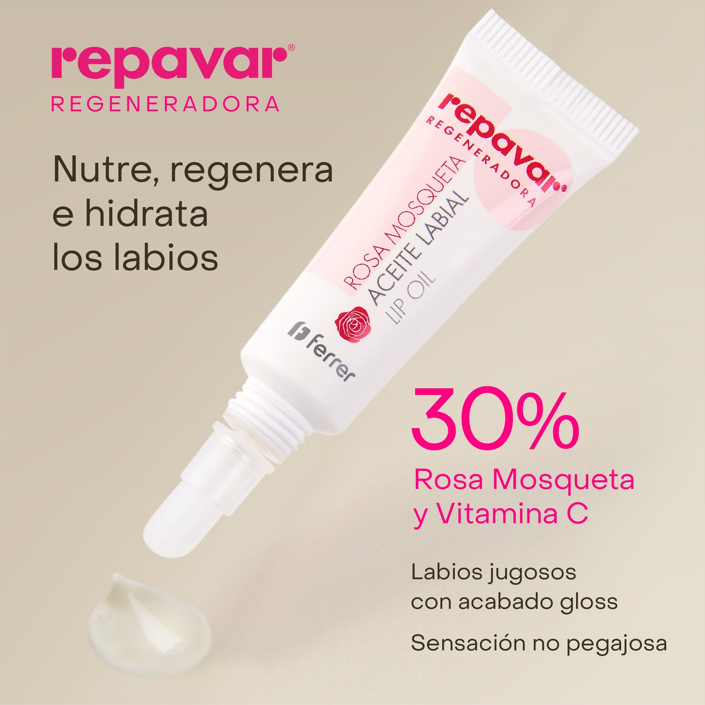 Regeneradora Lip Oil Aceite Labial con Rosa Mosqueta tono natural - Nutre y Regenera, efecto gloss
