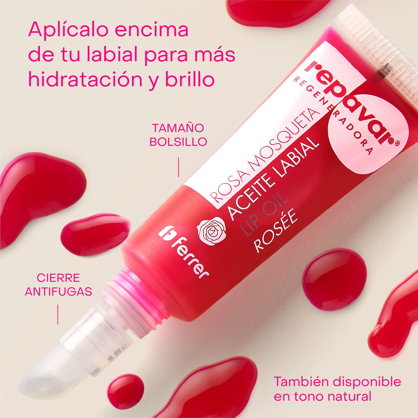 Regeneradora Lip Oil Aceite Labial con Rosa Mosqueta tono rosée - Nutre y Regenera, efecto gloss
