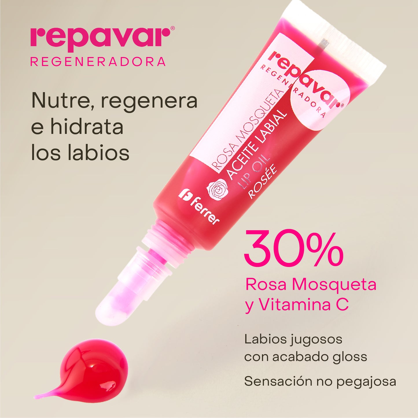 Regeneradora Lip Oil Aceite Labial con Rosa Mosqueta tono rosée - Nutre y Regenera, efecto gloss